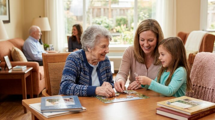 Family members and a senior share a warm moment together during a memory care visit, reflecting connection and belonging.