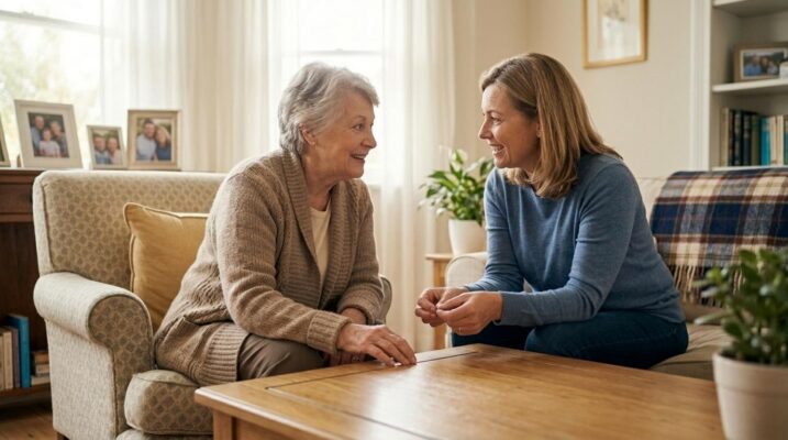 A family member and a senior have a chat about memory changes in a home setting.