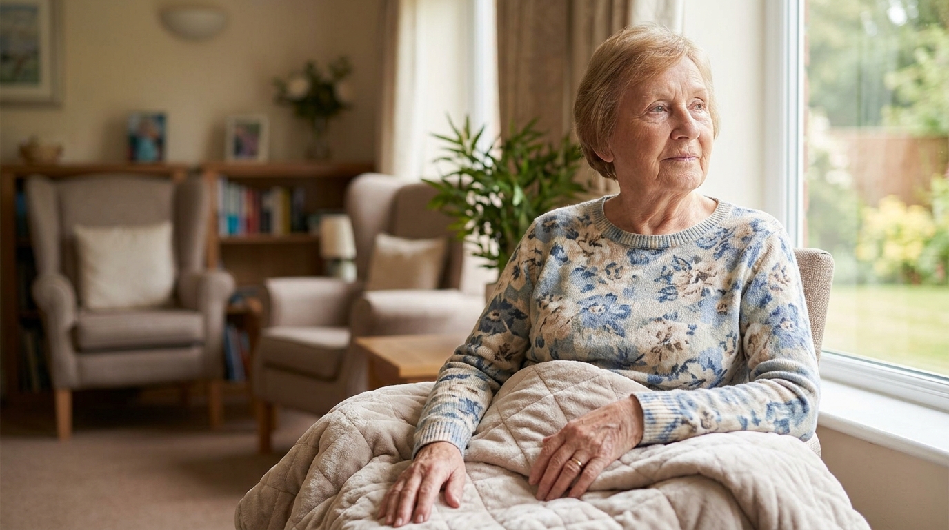 A senior sits with a blanket over her lap as she looks at the view outside the window.