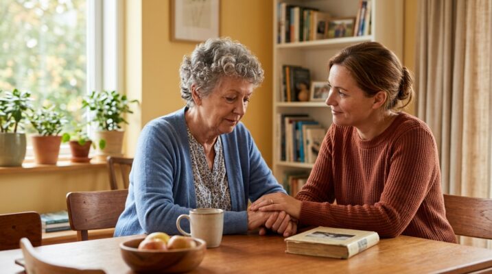 Sitting at a wooden table, a younger woman talks to a senior reassuringly while holding hands.