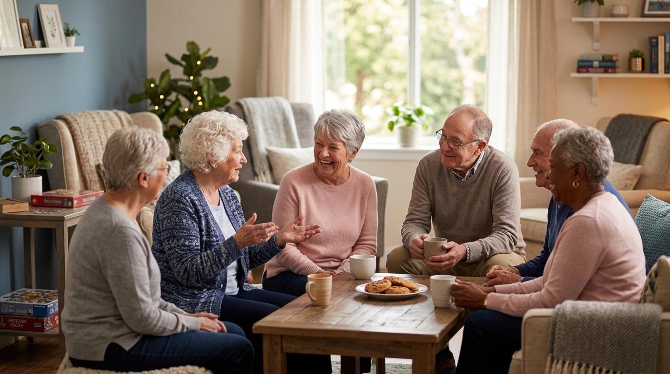 Seniors laugh and talk together at a table, showing the joy of social connection in memory care.