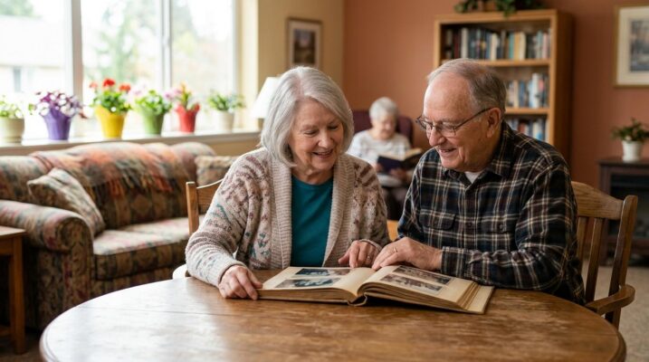 Two older adults smile and flip through a photo album together in the lounge of their memory care community.