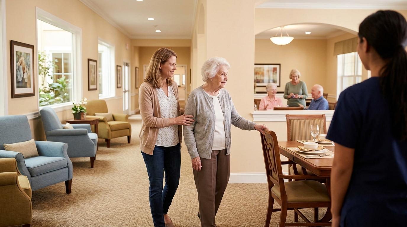 An adult child smiles and helps their older parent sit down before dinner in a memory care community.